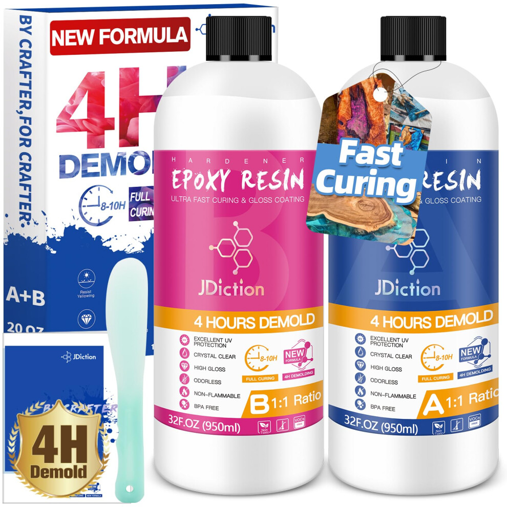 New Jdiction Fast Curing And Bubble Free Epoxy Resin, 4 Hours Demold, 64Oz / 1.9L Crystal Clear Epoxy Resin Kit Self Leveling For Art, Craft, Jewelry