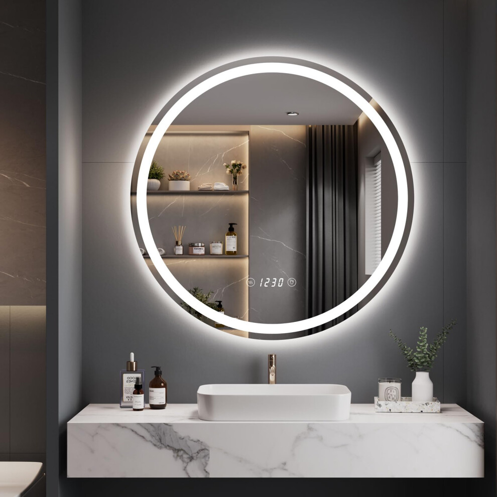 Dripex 600 mm Round Bathroom LED Mirror, Illuminated Wall Mounted Circle LED Bathroom Mirror with Time Display, Anti-fog, 3 Lighting Modes, Dimmable,