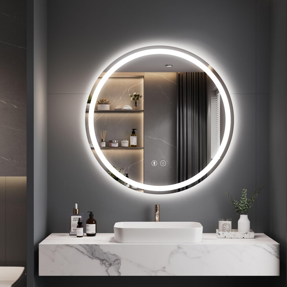 Dripex 500 mm Bluetooth Round LED Bathroom Mirror, Illuminated Circle Bathroom LED Mirror with Speaker, Anti-fog, Wall Mounted, 3 Lighting Modes,