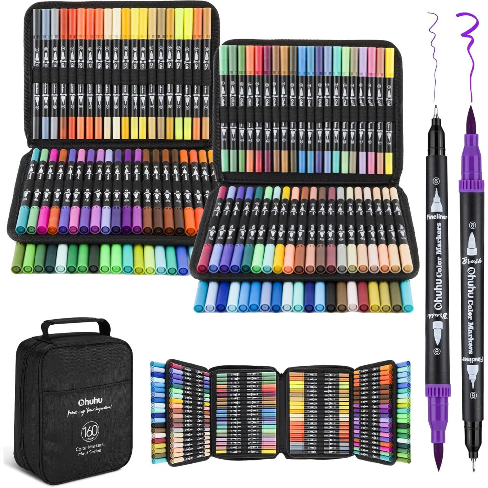 Ohuhu 160 Colouring Pens, Dual Tip Brush Pens Felt Tip Pens Art Markers with Fineliner, for Adults Colouring Book Drawing Calligraphy Sketching