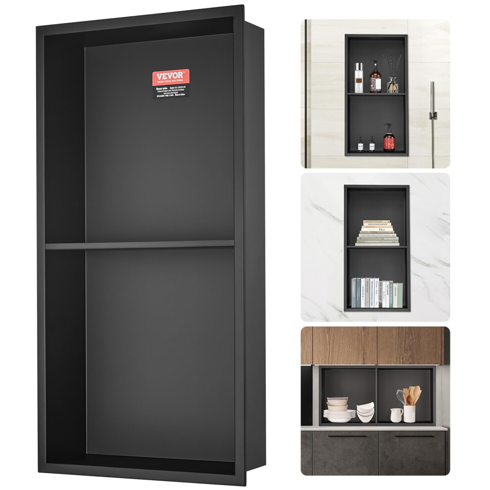 VEVOR 33.02 x 63.5 cm No Tile Shower Niche 304 Stainless Steel, Wall-Inserted Niche Recessed Double Shelves, Sealed Waterproof Rust-Resistant Modern