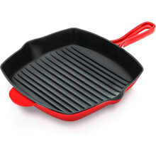NutriChef Nonstick Cast Iron Grill Pan ? 28cm, Kitchen Square Cast Iron Skillet Griddle Pan, Enameled Cast Iron Skillet Steak Pan w/Side Drip Spout