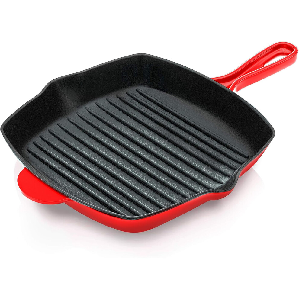 Nutrichef Nonstick Cast Iron Grill Pan ? 28Cm, Kitchen Square Cast Iron Skillet Griddle Pan, Enameled Cast Iron Skillet Steak Pan W/Side Drip Spout