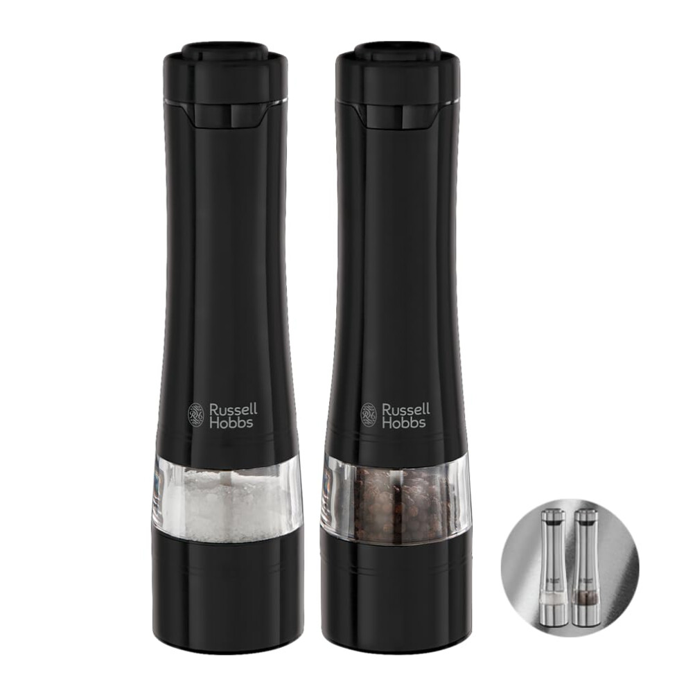 Russell Hobbs 28010-56 Electric Salt and Pepper Mill Set [2 Automatic Grinders] Black Stainless Steel (Adjustable Grinding Fineness, Ceramic Grinding