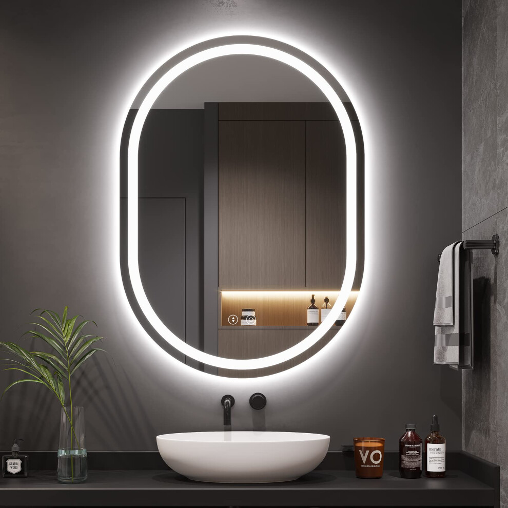 Dripex 50?70cm Oval LED Bathroom Mirror with Light, Illuminated Wall Mounted Vanity Mirror, Anti-fog, 3 Colors Dimmable Light, Memory Function, IP44,