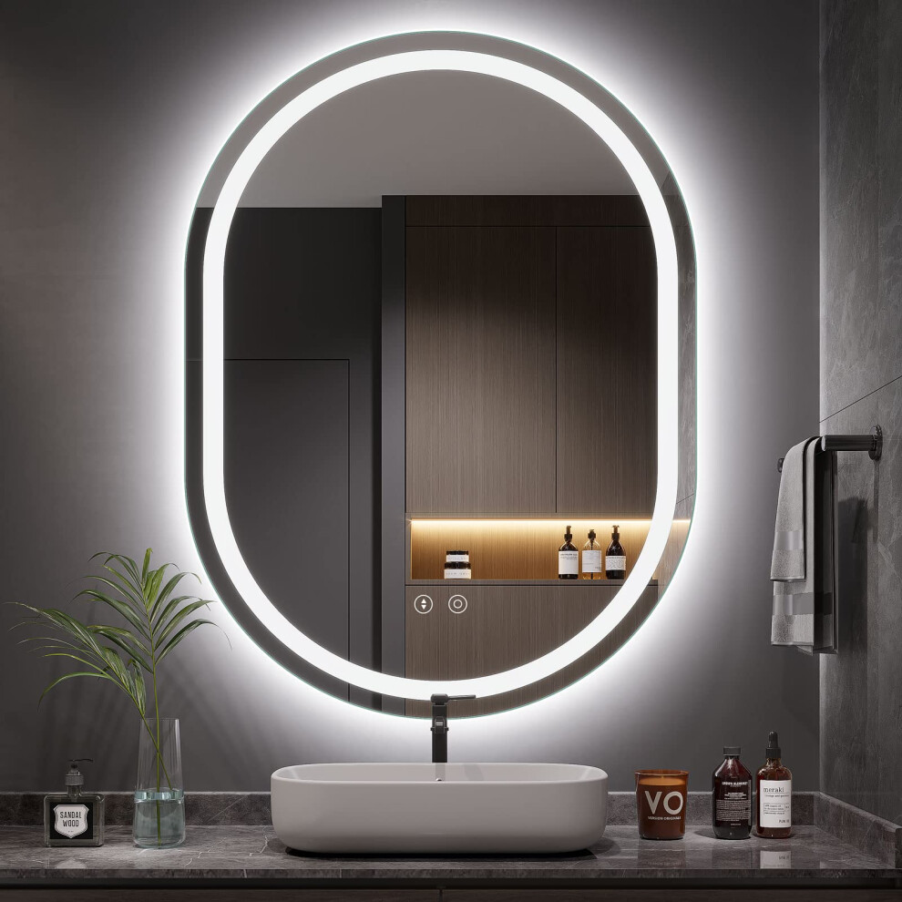 Dripex 60?80cm Oval LED Bathroom Mirror with Light, Illuminated Wall Mounted Vanity Mirror, Anti-fog, 3 Colors Dimmable Light, Memory Function, IP44,