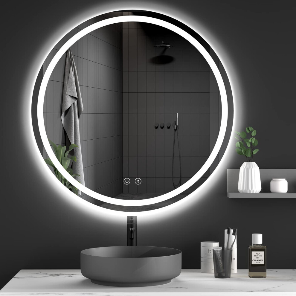 Dripex 700mm Round LED Bathroom Mirror, Illuminated Circle Makeup Vanity Mirror with Demister Pad, Anti-fog, 3 Lighting Modes, Dimmable, Wall Mounted,