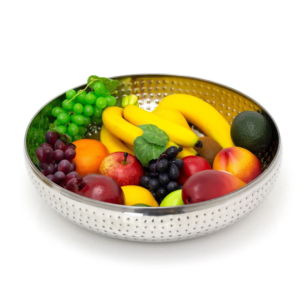 Carousel Home 38cm Extra Large Stainless Steel Kitchen Fruit Bowl | Round Silver Display With Hammered Detail | Multi-Purpose Serving Salad Decorative