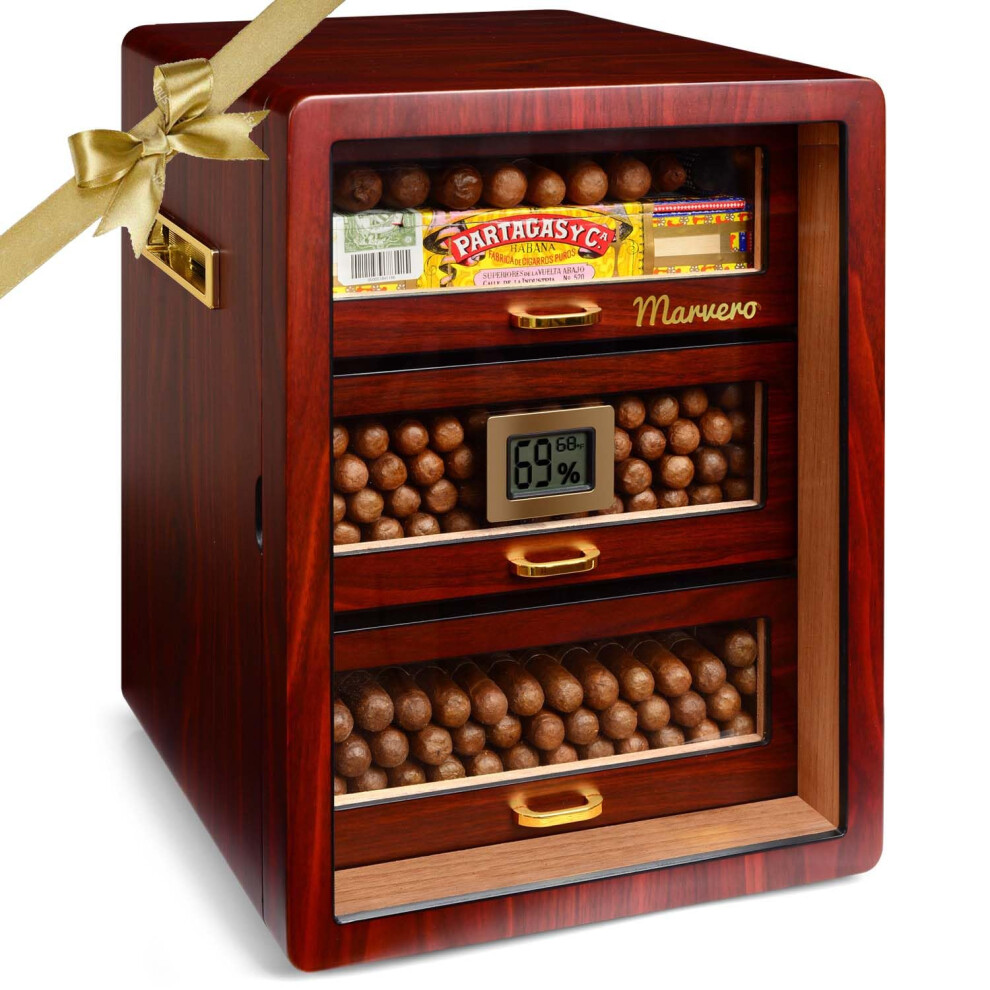 Marvero Cigar Humidors, Cedar Wood Humidor With Digital Hygrometer, Drawers, Humidifiers And -Plated Hardwares. Cigar Humidor Cabinet For Men Gold