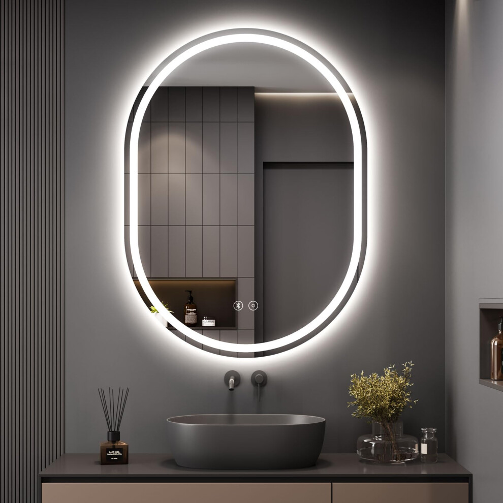 Dripex 600 x 800 mm Bluetooth Oval Bathroom LED Mirror, Illuminated Bathroom Mirror with Light, Backlit Wall Mounted Mirror with Demister, Anti-fog, 3