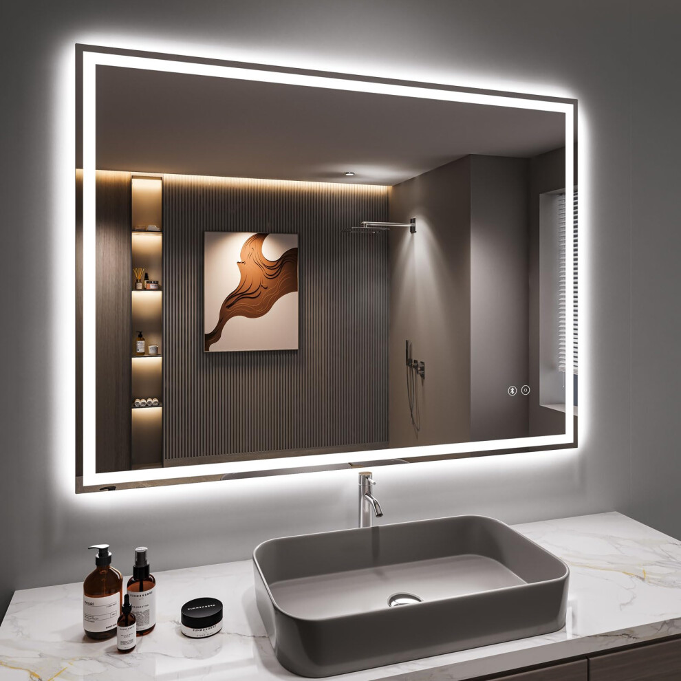 Dripex Bluetooth LED Bathroom Mirror with Shaver Socket, 500 * 700 MM Dimmable 3 Colors Illuminated Backlit Wall Mounted Bathroom Mirrors Anti-fog