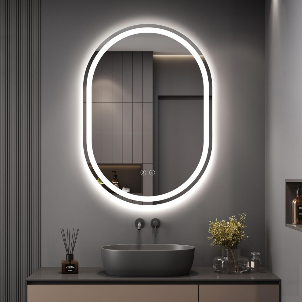 Dripex 500 x 700 mm Bluetooth Oval Bathroom LED Mirror, Illuminated Bathroom Mirror with Light, Backlit Wall Mounted Mirror with Demister, Anti-fog, 3
