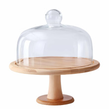 Cake Stand with Dome Lid, Wood Cake Plate with Clear Glass cover, Cake tray for Cakes, Pastries, Cheese Boards - Flat Cake Display Stand for Birthday,