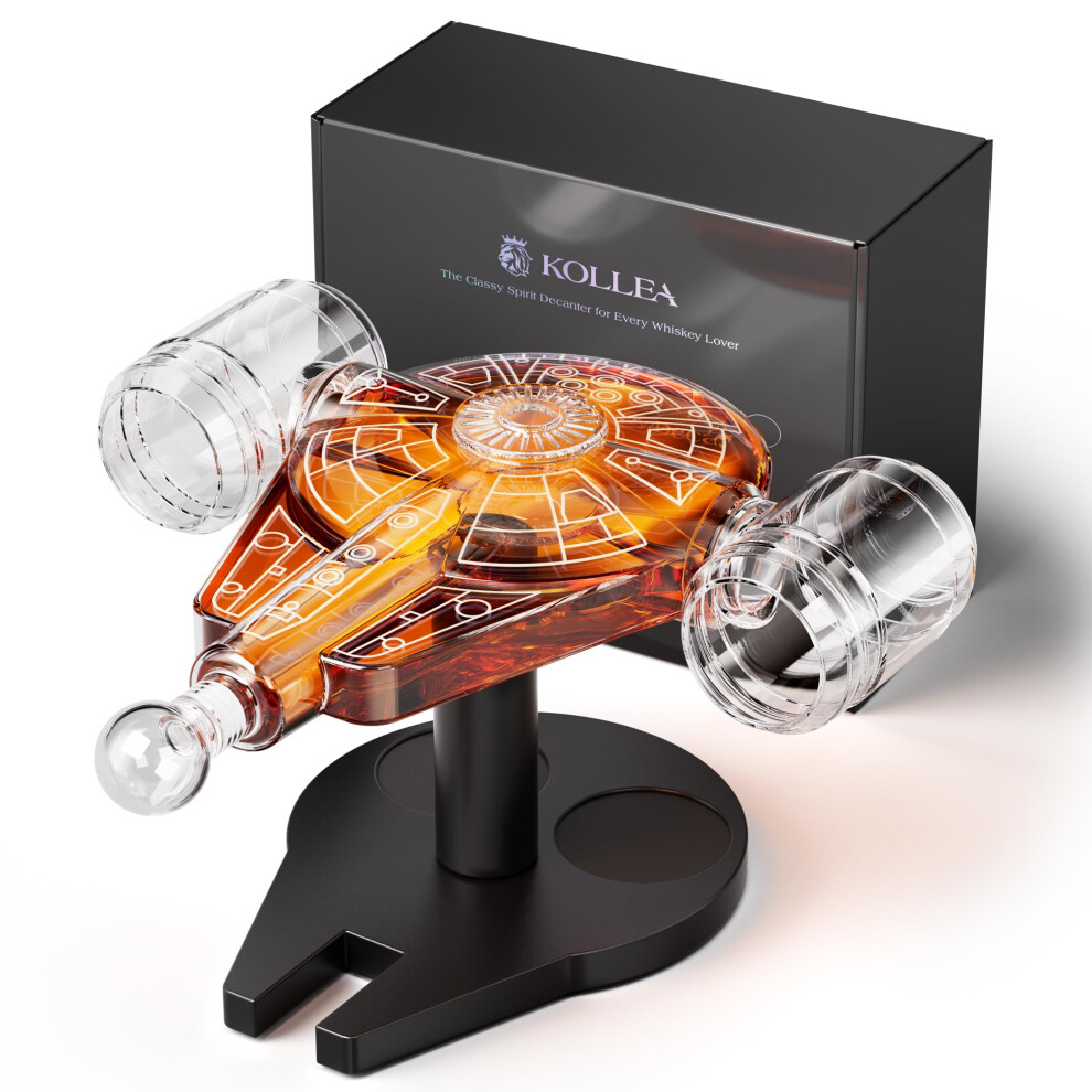 Kollea Spaceship Whiskey Decanter Set for Men, Spacecraft Limited Edition, 2 Oak Barrel Shot Glasses, Anniversary Birthday Gifts for Men Dad, Unique