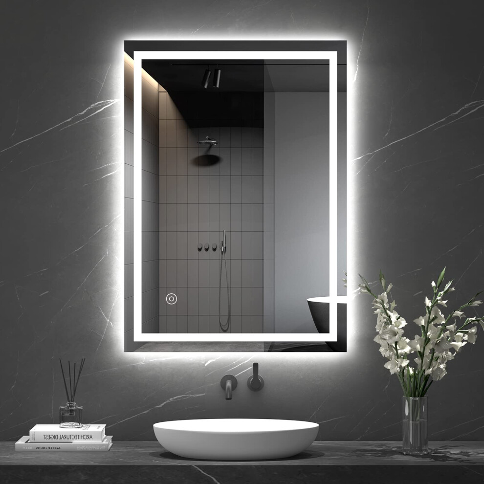 Dripex Bathroom Mirror with LED Lights, 500 * 700 MM Illuminated Bathroom Mirror Wall Mounted Vanity Mirror, Bathroom Light Mirror with Demister Pad,