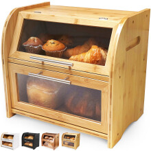 Arise Stylish Bread Bin for Kitchen Countertop, Extra Large 2-Shelf Wooden Bread Box with Clear Windows and Air Vents Keeps Bread, Bagels and Rolls