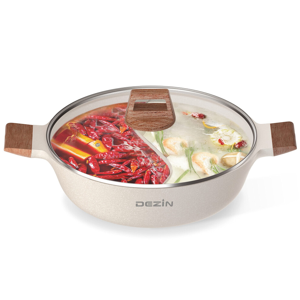 DEZIN 5-QT Double-flavor Shabu Pot with Divider, Dual Sided Nonstick 12 Inch Divided Hotpot for Induction Cooktop, Gas Stove & Hot Burner, Soup Ladle-image-OPC-PH2ZWDX-NEW