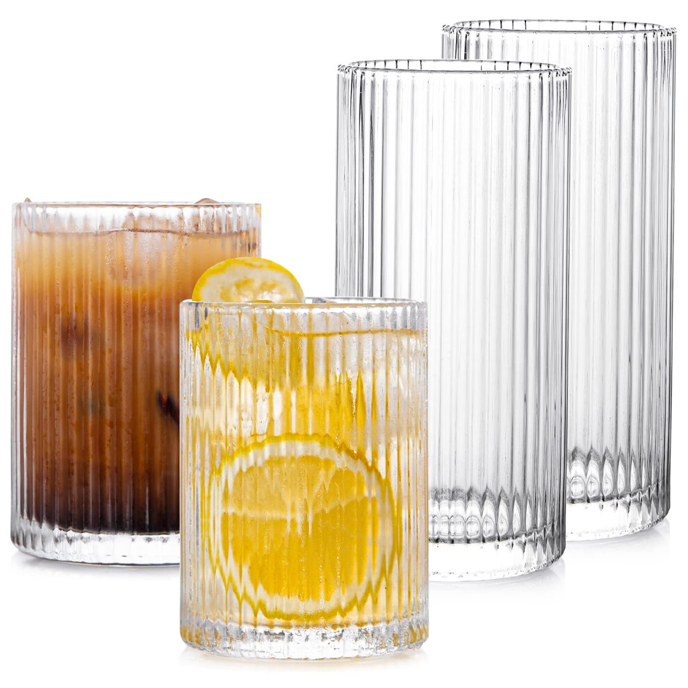 Drinking Glasses with Origami Style Set of 4pcs Glass Cups, 2 Highball Glasses & 2 Rocks Glasses, Elegant Ripple Vintage Glassware, Iced Coffee