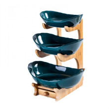 Simcat Fruit Plate Set Fruit Basket for Kitchen Counter, Ceramic Fruit Bowl,Large Capacity Fruit Bowl Set with Holder, Bamboo Fruit Serving Tray