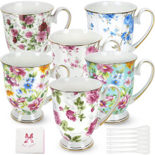Bone China Mugs Set, Ceramic Espresso Cupsceramic Espresso Cups Set Made of Fine Bone China Mugs, 6 x 325ML for Tea Coffee Cappuccino, Flower Cups,