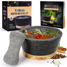 Tortillada ? 16 cm Mortar and Pestle Set Large Made of Natural Granite with Anti-Scratch Wood Base Granite Spice Herb Grinder Pill Crusher with 50