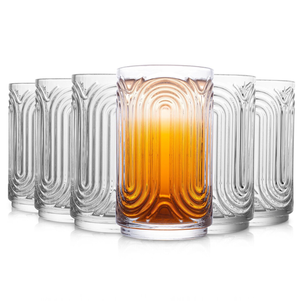 INSETLAN Set of 6 Vintage Glassware - 415ml(14 oz) Ripple Drinking Glasses, Art Deco Glassware Highball Glass Cup, Classic Thick Bottom Cocktail