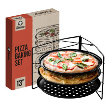 Chef Pomodoro Pizza Baking Set with 3 Pizza Pans and Pizza Rack, (33 cm Pans), Non-Stick Perforated Pizza Trays for Oven, Pizza Pan with Holes, Pizza