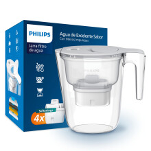 Philips - Water filter jug + 4 replacement filter cartridges Softening + Up to 50% reduction in water hardness, fast flow, white, 2.6 litres,