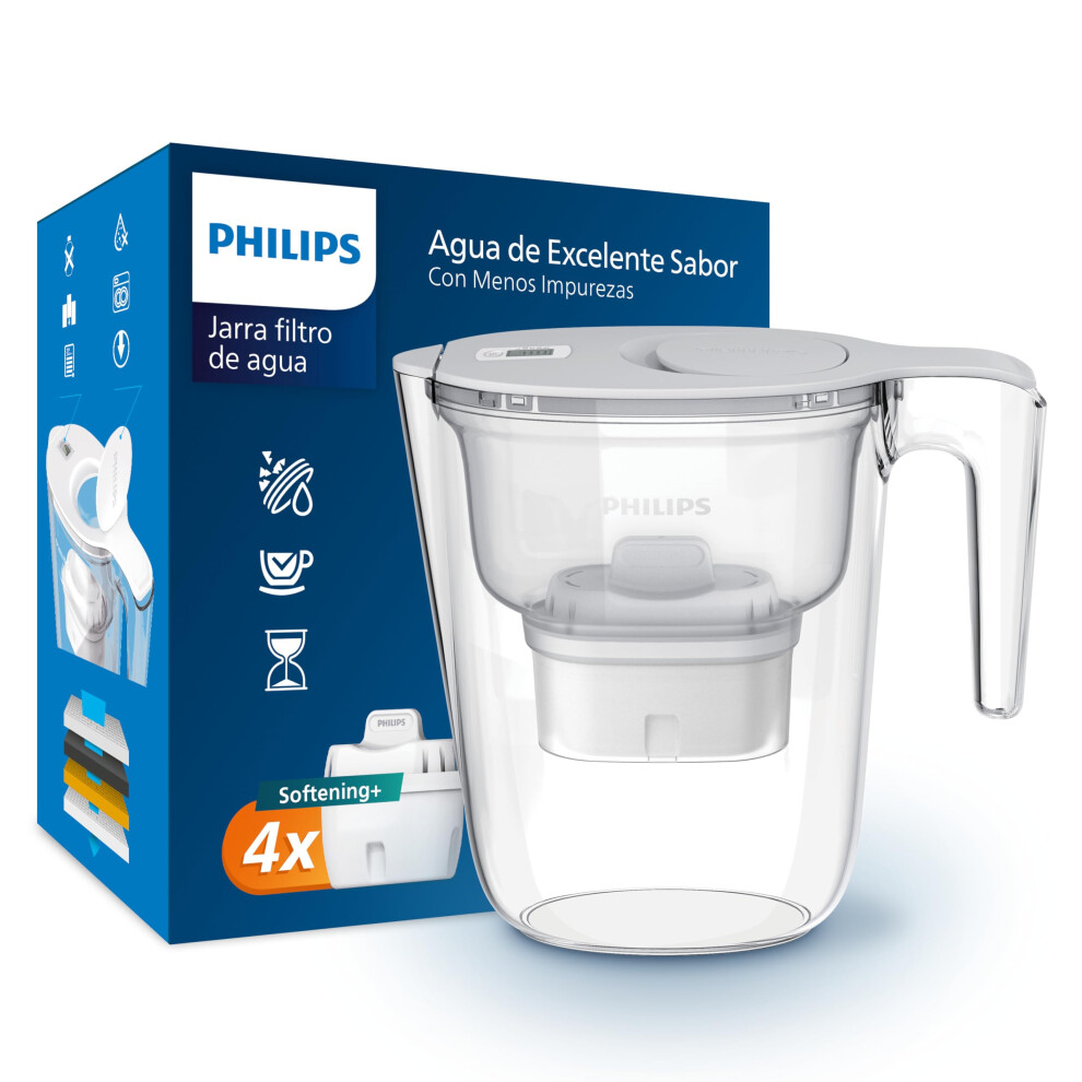 Philips - Water filter jug + 4 replacement filter cartridges Softening + Up to 50% reduction in water hardness, fast flow, white, 2.6 litres,
