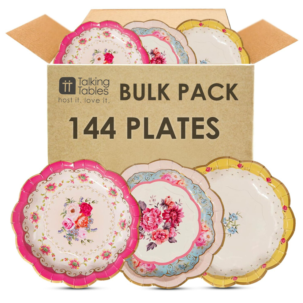 Talking Tables 144 X Strong Floral Paper Plates Bulk Pack For Afternoon Tea Party, Truly Scrumptious Table Decorations, Disposable Dishes Tableware