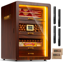 Desktop Cigar Humidor Cabinet with Triple-Sided Light, Digital Hygrometer, Humidifier and Humidity Packs. 4 Cedar Wood Drawers, Holds 200 Cigars. for