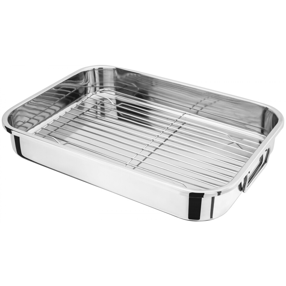 Judge H043 Large Stainless Steel Roasting Pan with Rack, 42cm x 30cm x 6.5cm, Oven Safe, Dishwasher Safe, Gift Box - 25 Year Guarantee