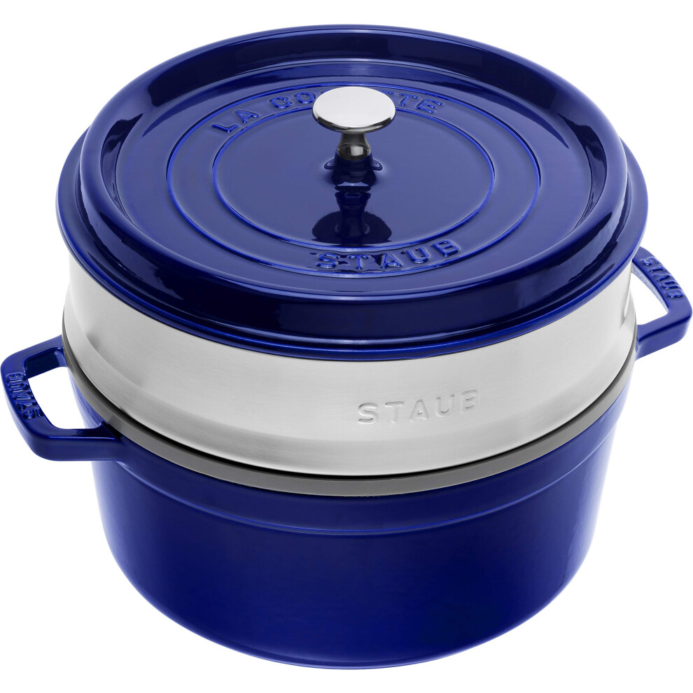 STAUB Cast Iron Roaster/Cocotte with Steamer Insert, Round, 26 cm, 5.2 L, With matte black interior enamel, Dark Blue