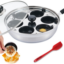 Eggssentials Poached Egg Maker - Nonstick 6 Egg Poaching Cups - Stainless Steel Egg Poacher Pan Food Grade Safe PFOA Free with Bonus Spatula