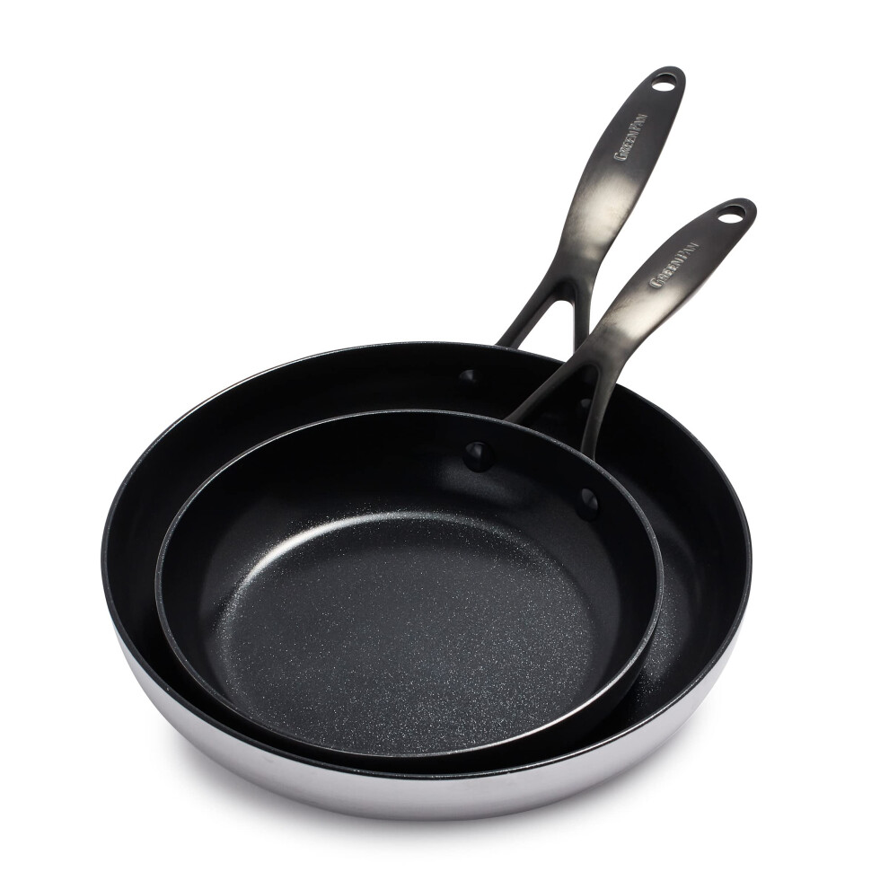 GreenPan Venice Pro Noir Tri-Ply Stainless Steel Healthy Ceramic Non-Stick 20 cm and 26 cm Frying Pan Skillet Set, Matte Black Handle, PFAS-Free,