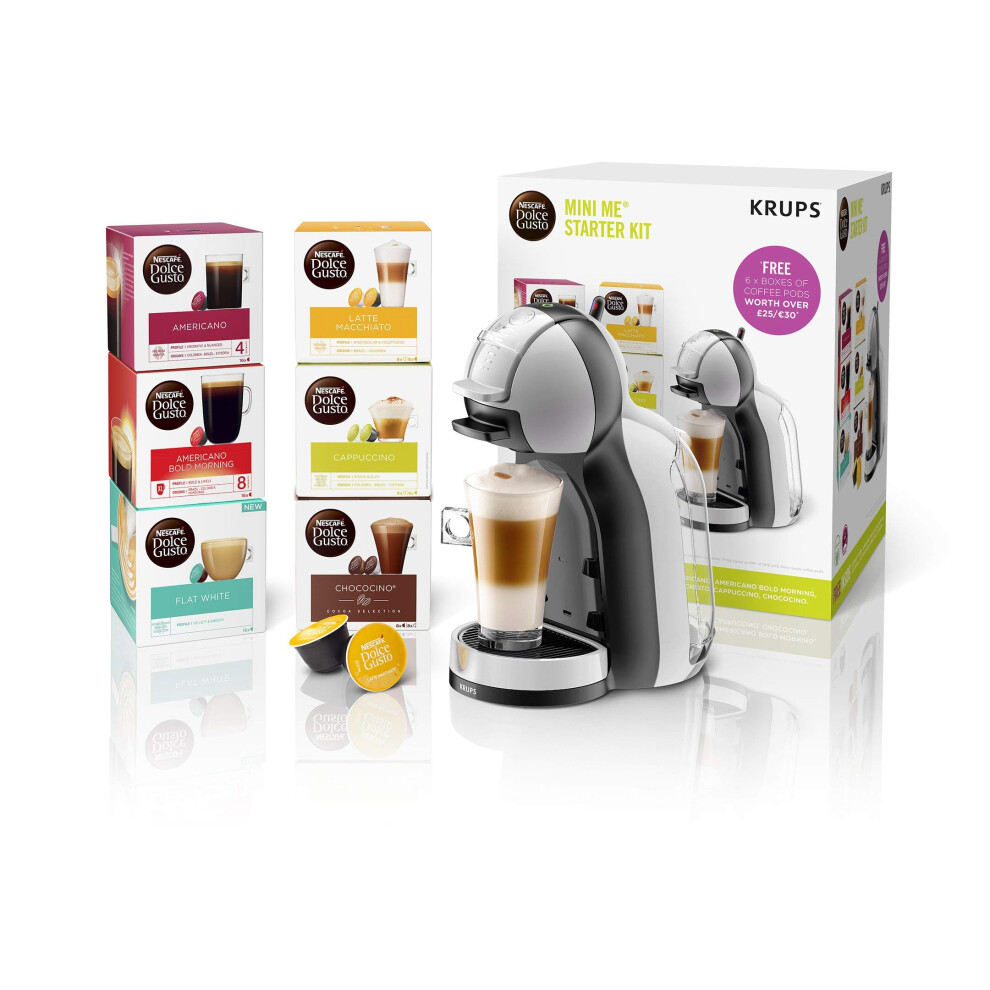 KRUPS Nescaf? Dolce Gusto Mini Me, Single Serve Capsule Coffee Machine Starter Kit, Including 6 boxes of Coffee Pods, KP123B41, Arctic Grey and Black
