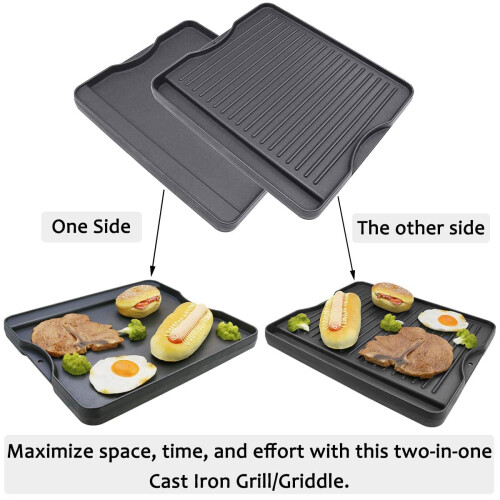 Denmay Cast Iron Griddle, 34 x 40 CM, Double-Sided Reversible Grill/Griddle Combo, Heavy Duty, Black, Rectangular, Griddle Plate for Campchef stoves 2