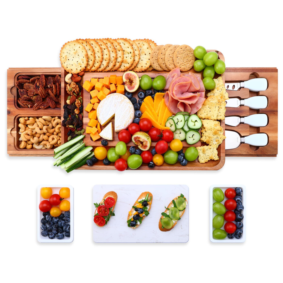 hecef Acacia Wood Cheese Board Set, Cheese Platter with 2 Slide-Out Drawers& Cutlery Set& Snack Plates& Marble Cheese Slate, Charcuterie Board for
