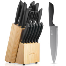 D.Perlla Knife Set with Block, 15 Pieces Kitchen Knife Set, Non Stick Black Colour Coating Stainless Steel Blade Knife Set, No Rust, Sharp Knife Block
