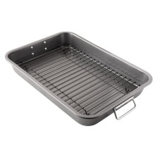 Chef Pomodoro Nonstick Carbon Steel Roasting Pan Roaster with Flat Rack, 16 x 11-Inch (41cm x 28 cm), Large, Grey, Bakeware Rectangular Oven BBQ