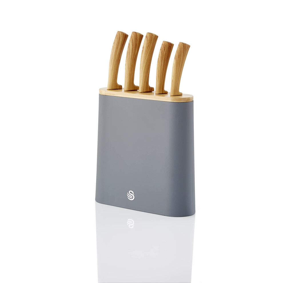 Swan SWKB1060GRYN Nordic 5 -Piece Knife Block, Bamboo Top and Handles, Stainless Steel, Fine Edge, Ergonomic Handles, Scandinavian Design, Knives