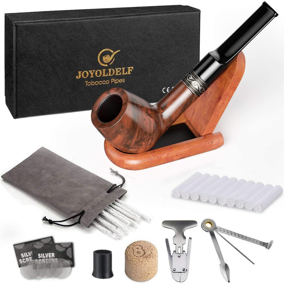 Joyoldelf Tobacco Pipe Straight Smoker, Rosewood Smoking Pipe Set Including Foldable Pipe Stand, 3-In-1 Pipe Scraper, Pipe Filters And Other Pipe