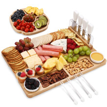 hecef Cheese Board Set of 13, Bamboo Charcuterie Board & Snack Tray, 2 Ceramic Bowls, Cheese Knives Set, Magnetic Knife Stand, Cheese Board and Knife