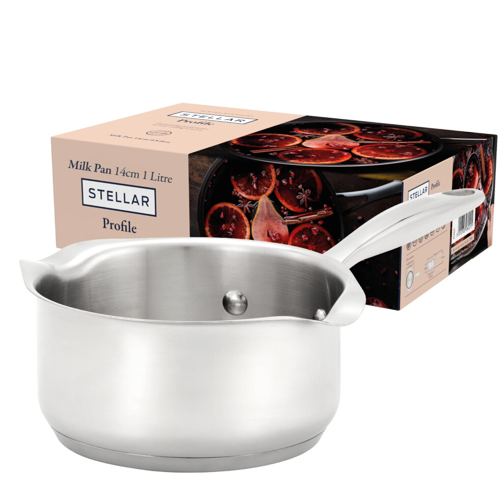 Stellar Profile Milk Pan with Pouring Lip, 0.8L - 14cm Saucepan for Induction Hobs, All Hob Types & Gas Ranges - Small Stainless Steel Pot, Oven Safe,