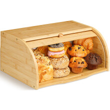 Golden Nature Bamboo Bread Box for Kitchen Countertop - Large Wooden Food Keeper w/Rolling Lid - Vintage Storage Bin for Bagels, Muffins, Cupcakes &