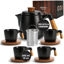 MIAMIO ? 1000 ml Ceramic Tea Pot Set with Infuser and Cups/Tea Strainer, 4 Ceramic Tea Mugs (300 ml), Bamboo Saucers/Handle for Home and Office