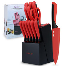 hecef Professional Knife Block Set with Knives Featuring Built-in Sharpening & Non-Sticking Coating - Crafted from High Carbon Stainless Steel (Red)