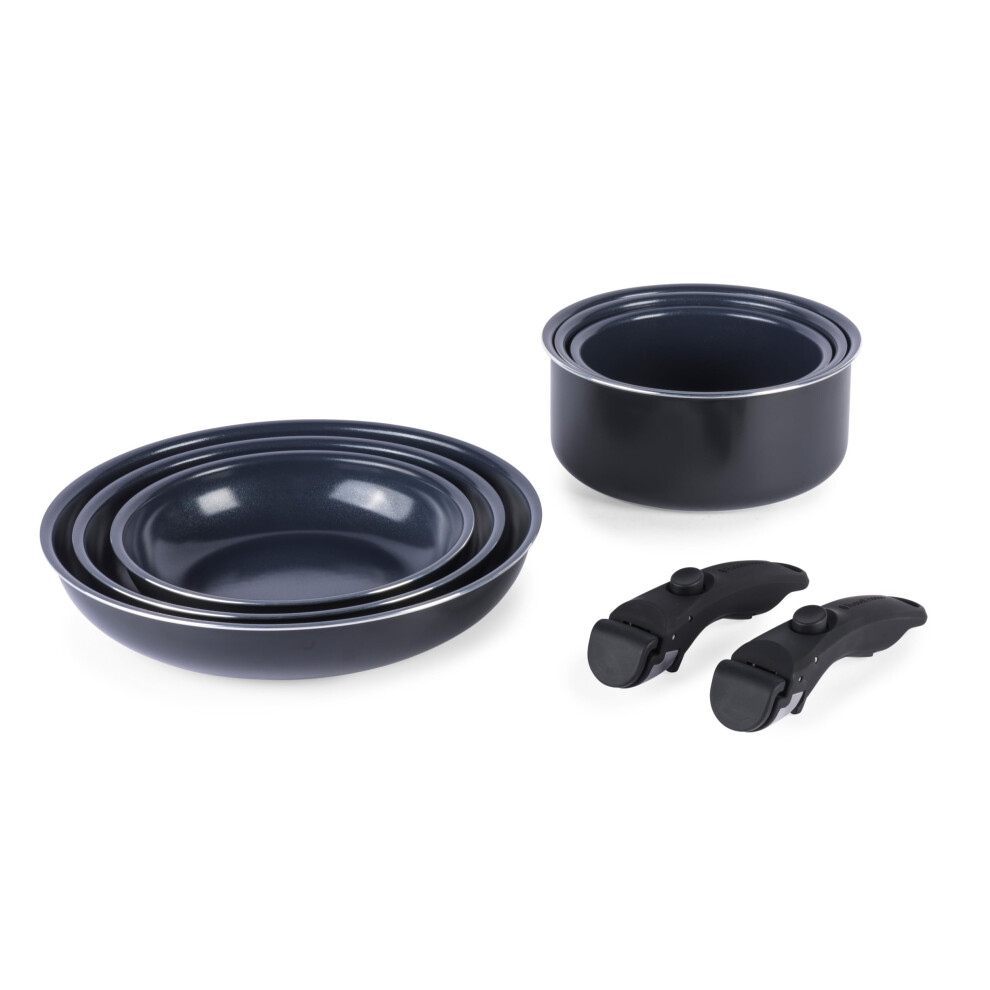 Russell Hobbs RH03321EU7 Smart Clip Pot and Pan Set ? 8 Piece Ceramic Non-Stick Frying Pans & Saucepans with 2 Detachable Handles, Stackable Design,