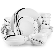 VEWEET Porcelain Dinnerware Sets for 6, 24 Pieces Plates and Bowls Set with Black and Grey Ribbon Lines, Dishes Set Dining Ware for Dinner, Microwave