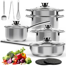 14-Piece Stainless Steel Pots and Pans Set, Induction Saucepan Set, Saucepan with Steamer & Glass Lids & Utensil Set, Bread Clip, Egg Beaters, Hot